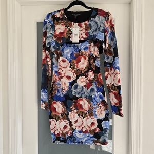 Guess Floral Long-Sleeve Bodycon Dress - Blue/Red/Pink